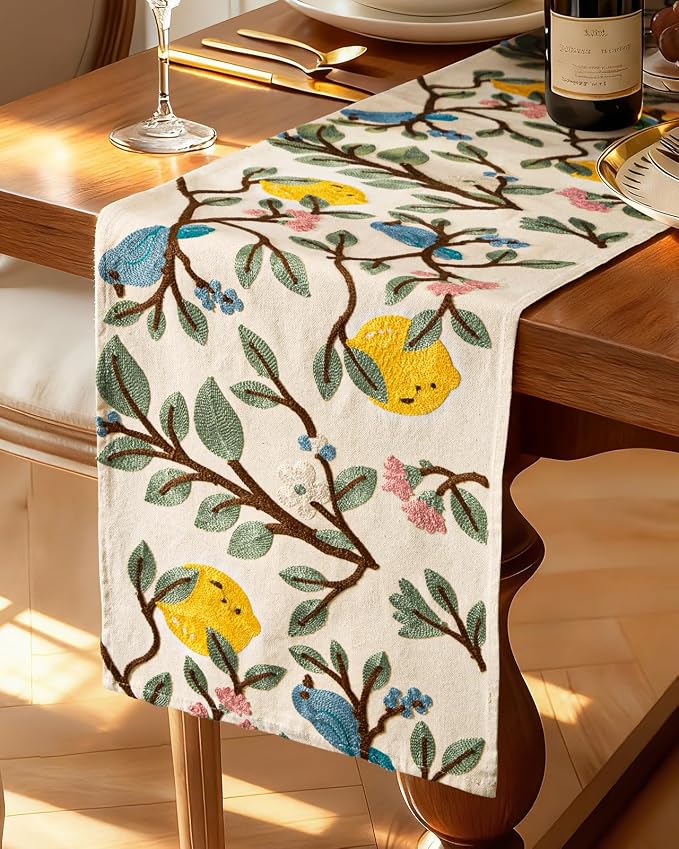 Canvas Embroidered Narrow 13"x 72" Table Runner, Lemon Bird | Exquisite by Kokaaee