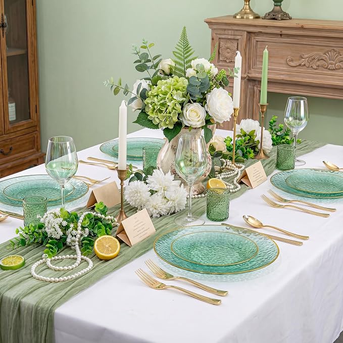 Rubtlamp 60 Green Plastic Plates, Hammered Clear and Gold Disposable Plates - Image 5