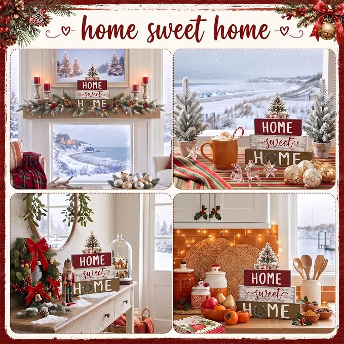 Cinnvoice 4 Pcs Red Christmas Tree Wooden Block Decor Winter Farmhouse Tiered - Image 6