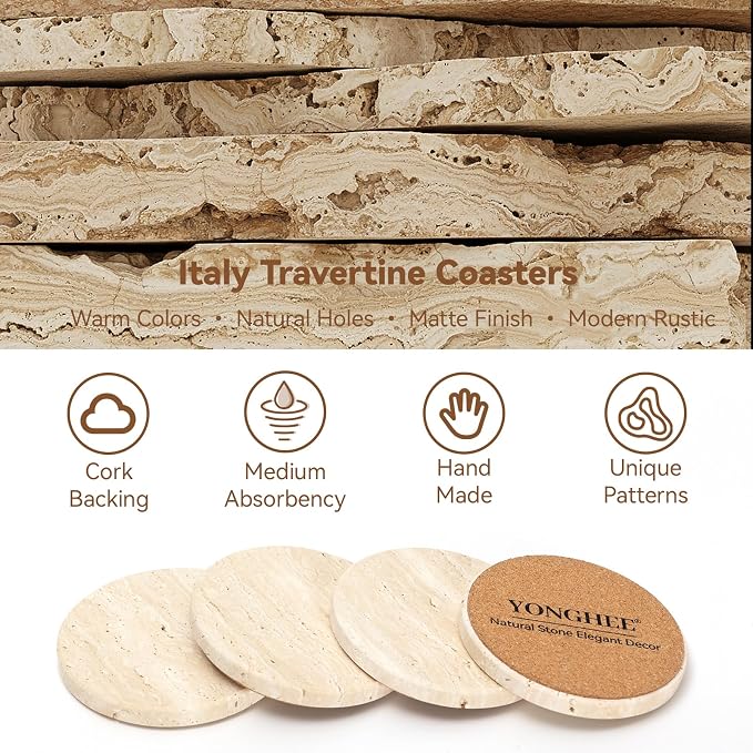 Travertine Drink Coasters Set of 4, Neutral Beige, 4 Inch Round | Modern Rustic - Image 3