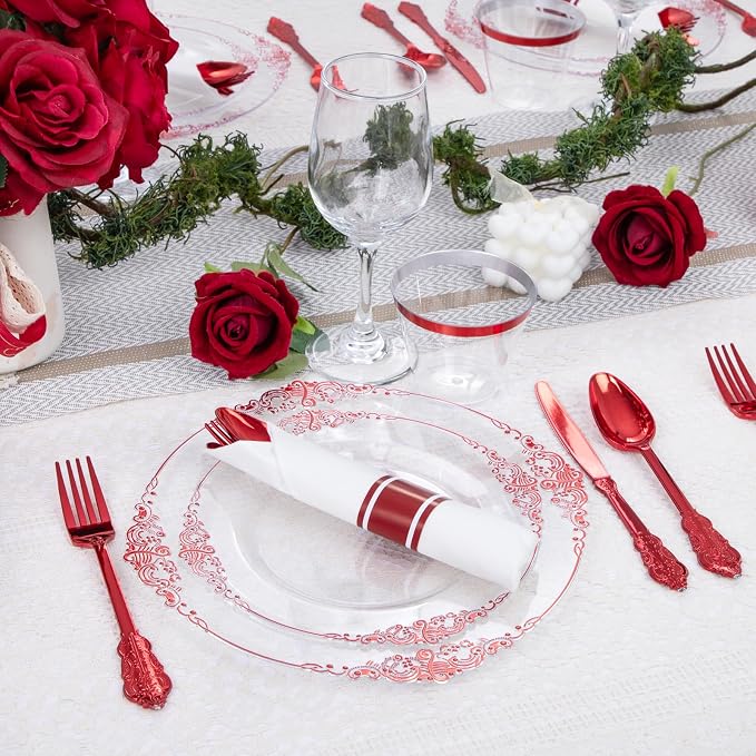 175 Pcs Clear Red Plates for Party | Red Party Plates Set for 25 Guests - Image 8