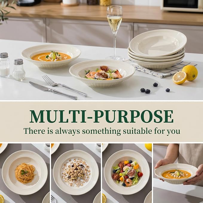 Wide Rim Soup Bowls Set of 4, 11 oz, 8 Inch Cream Beige | Shallow wide rim bowls - Image 4