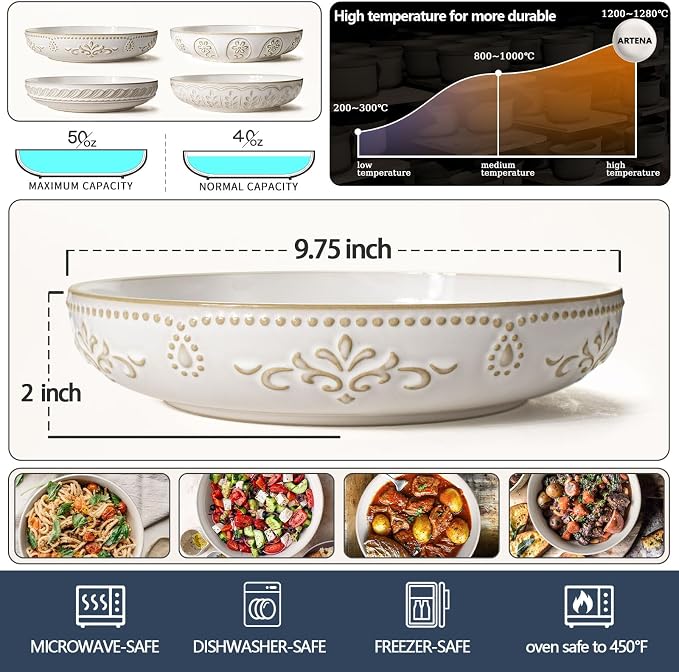 Pasta Bowls, 50oz Large Salad Serving Bowls, 9.75'' Plates Bowls Set of 4 - Image 3