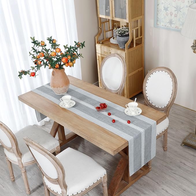NEWISHER Farmhouse Braided Striped Embroidery Table Runner 72 inches Grey | - Image 3