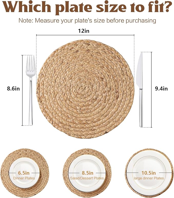 Aofmee 12 inch Round Woven Placemats Set of 10, Boho Rattan Place Mats - Image 2