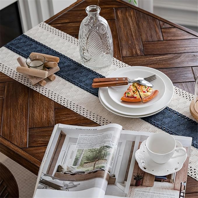 Macrame Table Runne Beige and Blue Boho Table Runners - Image 4