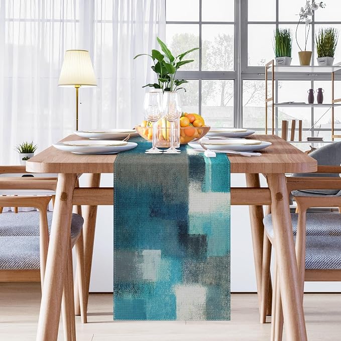 Emvency Table Runner, 13x60 Inch, Abstract Modern Farmhouse | Teal Grey Dining - Image 4
