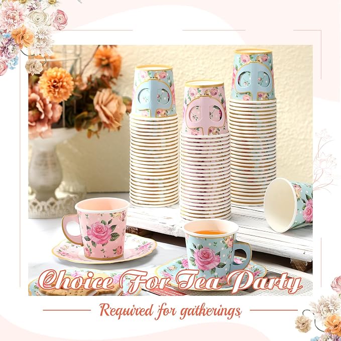 Umigy 36 Sets Floral Tea Party Decorations 6.5 oz Floral Paper Teacups & Saucer - Image 6
