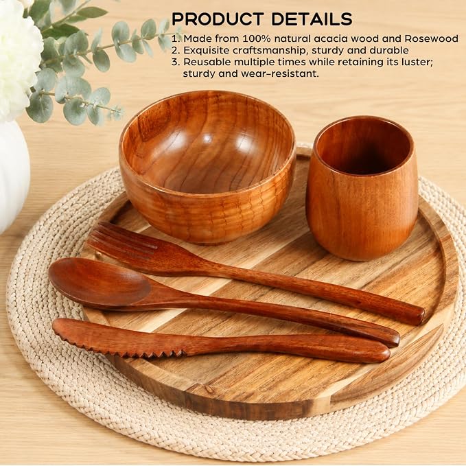 12 Pcs Acacia Wood Dinnerware Set 10 Inch Round Wooden Plates Bowls Tea Cups - Image 4