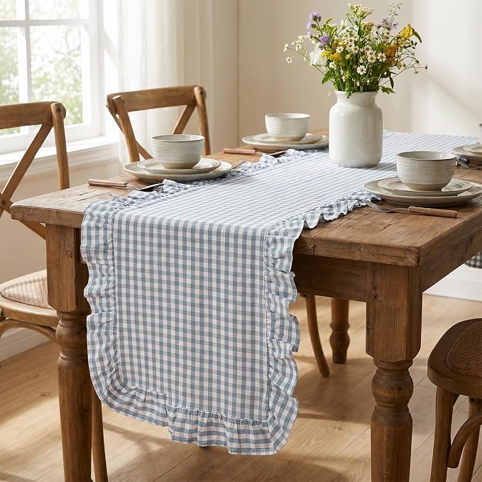 Eternal Beauty 14x120 Gingham Ruffle Table Runner, 100% Washed Cotton Plaid by EternalBeauty