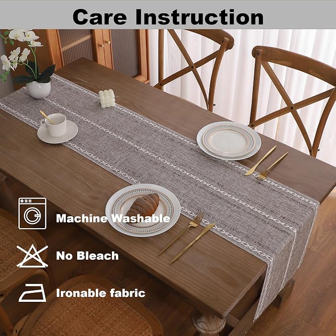 Gernaice 2PCS Boho Table Runner, Rustic Embroidered Cotton Linen Farmhouse - Image 5