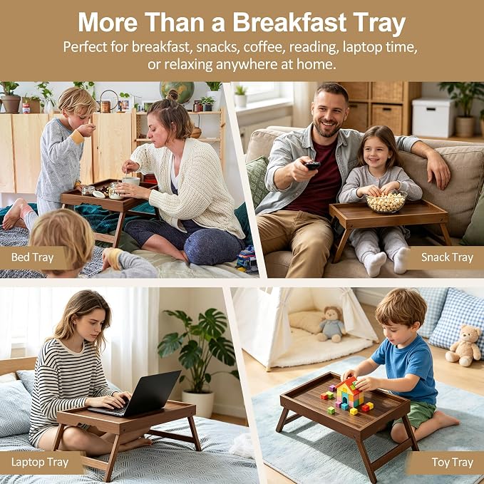 Bamboo Breakfast Trays with Folding Legs, Walnut | Set of 2 large bamboo bed - Image 7