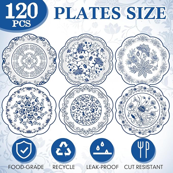 120 Pcs Blue Floral Party Plates 7 Inch Vintage Disposable Paper Plates Blue - Image 3