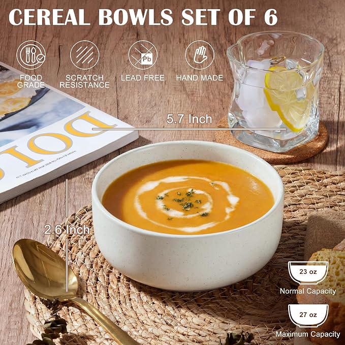 E-far Cereal Bowls Set of 6, 27oz Ceramic Deep Soup Bowls - Image 2