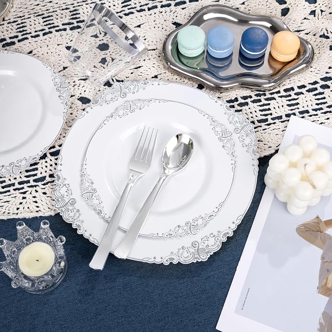 Nervure 600Pcs Silver Plastic Plates, Plastic Dinnerware Set - Image 7