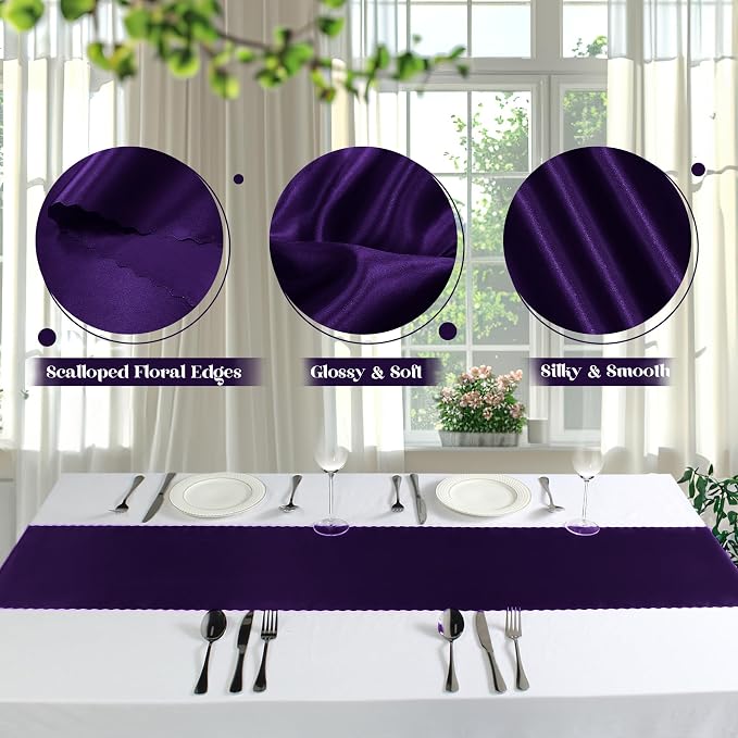 VACVELT Purple Satin Table Runners, 12x72 Inch, 2 Pack, Scalloped Edge | Silky - Image 6