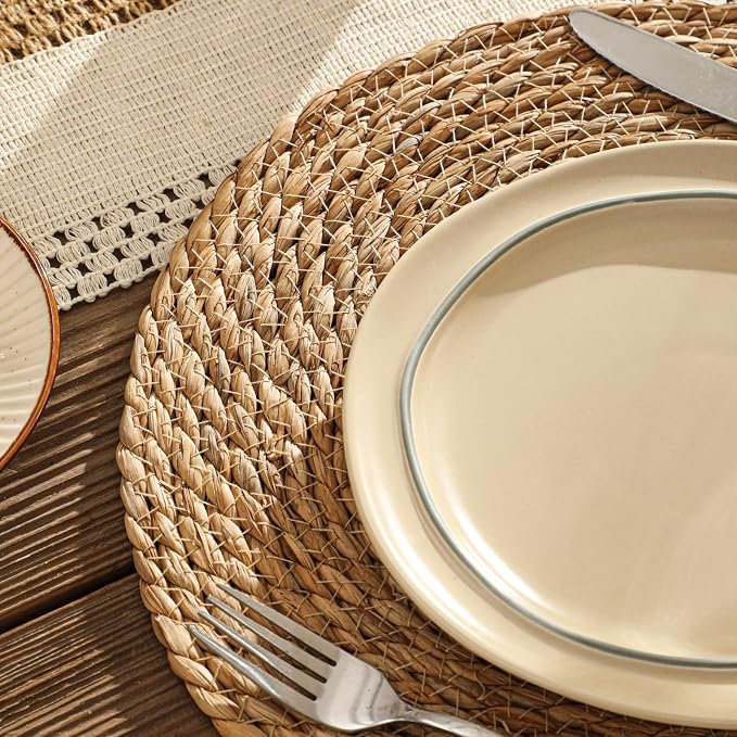13.8'' Round Woven Placemats Set of 8, Boho Wicker Chargers, Terrekraft | - Image 5