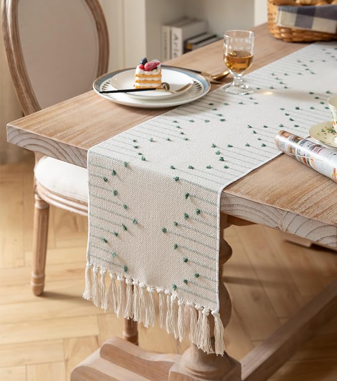 Boho Table Runner 13 x 48 Inch Long Natural Cotton Woven Runner - Image 2