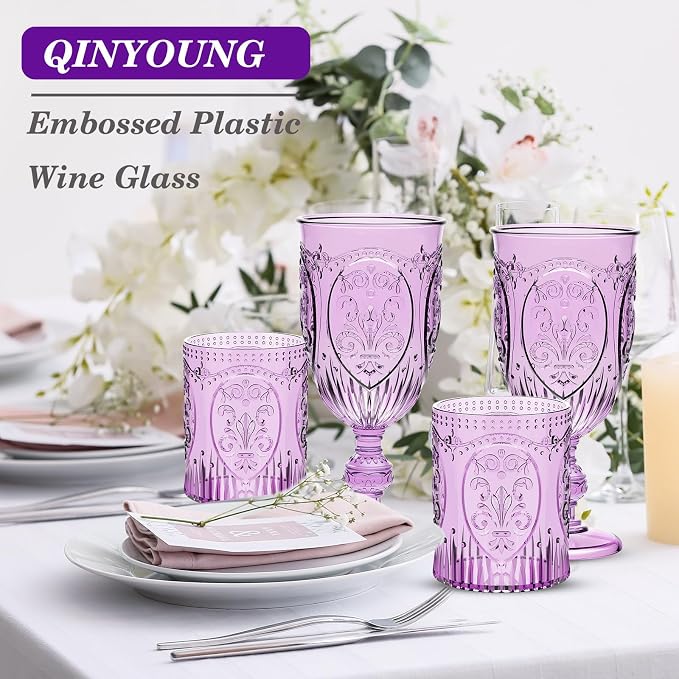 Qinyoung 12 Plastic Vintage Drinking Glasses 8.5oz Stemless Retro Embossed Wine - Image 7