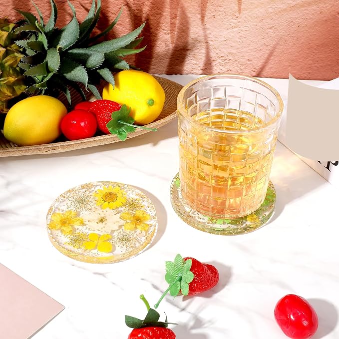 Amabro Dried Flower Drink Coasters, Floral Resin Drink Cup Mat Set of 2 - Image 2