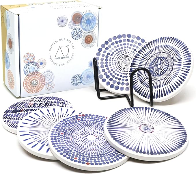 AD Set of 6 Coasters for Drinks Absorbing Round Ceramic Stone Coaster by AD