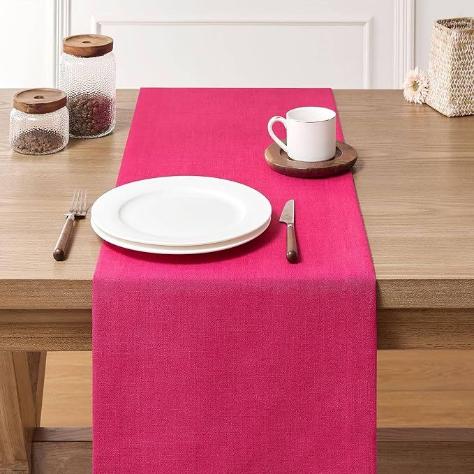 Linen Textured Border Table Runner, 14 x 90 Inch Hot Pink | Mitered Corner - Image 3