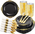 210 Pcs Black Gold Plates for Graduation | Black Party Plates Set for 30 Guests by Hioasis