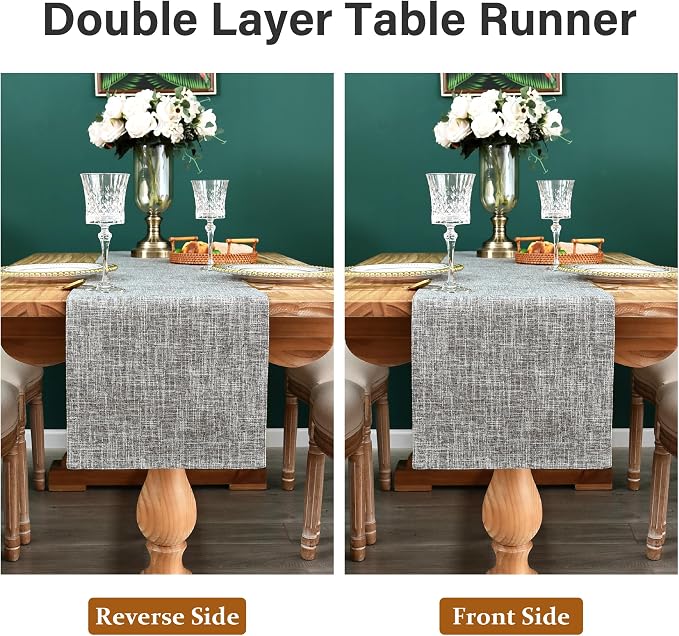 NEWISHER Reversible Double Layer Table Runner Faux Linen Fabric 13x60inch | - Image 6