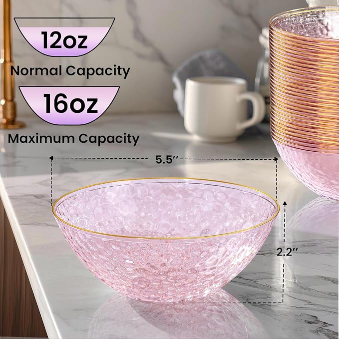 30 Pack 12 Ounce Pink Plastic Bowls Hammered Clear Bowl - Image 5