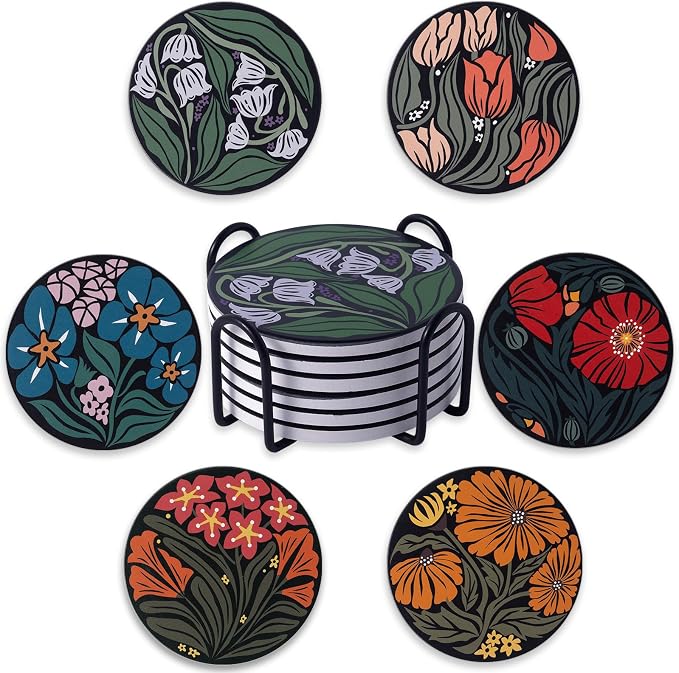 Ceramic Coasters Absorbent Non Slip 6pcs 4 Inch Artistic Flower | Drink Coaster by Staruby