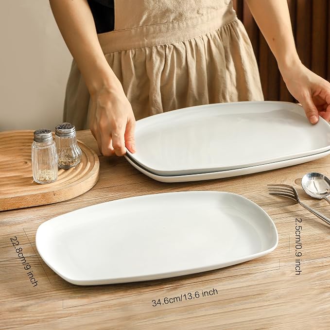 fMBB 3pcs Ceramic White Serving Platters, Large Rectangular Plate, Irregular - Image 4