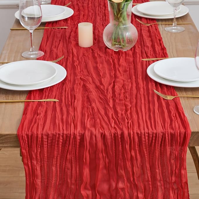 Asee'm Red Cheesecloth Table Runner Christmas 10FT Boho Rustic Gauze Sheer | - Image 2