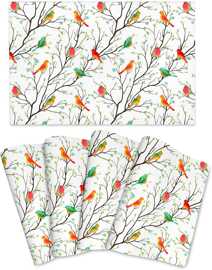 Birds on Tree Placemats Set of 4 Linen Decorative Table Mat by Unknown