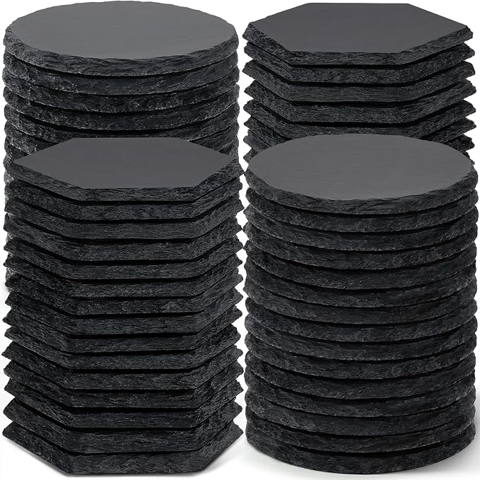 60 PCS Slate Coasters Bulk, MAPRIAL 4 Inch 30PCS Black Round, Handmade Drink by MAPRIAL