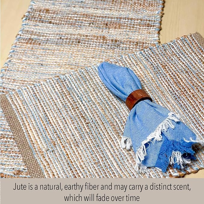 Natural Jute Table Runner, 13x36 Inch, Sky Blue-White | Vintage Boho Rustic - Image 2