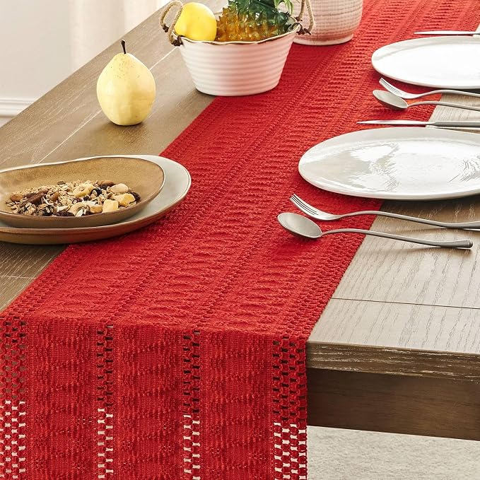 Macrame Style Boho Table Runner, 12x60 Inch Red | Woven Boho Table Runner - Image 5