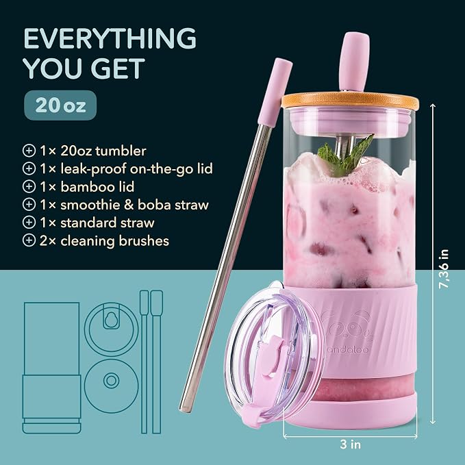 Pandaloo® Glass Cups With Lids and Straws -20 Fl Oz- Perfect Size Iced Coffee - Image 2