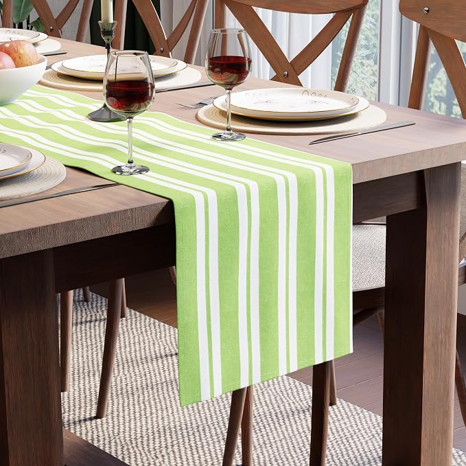 Encasa XO Table Runner, Woven Cotton Dining Runner 13"x120" Franca Lime Stripes by EncasaXO