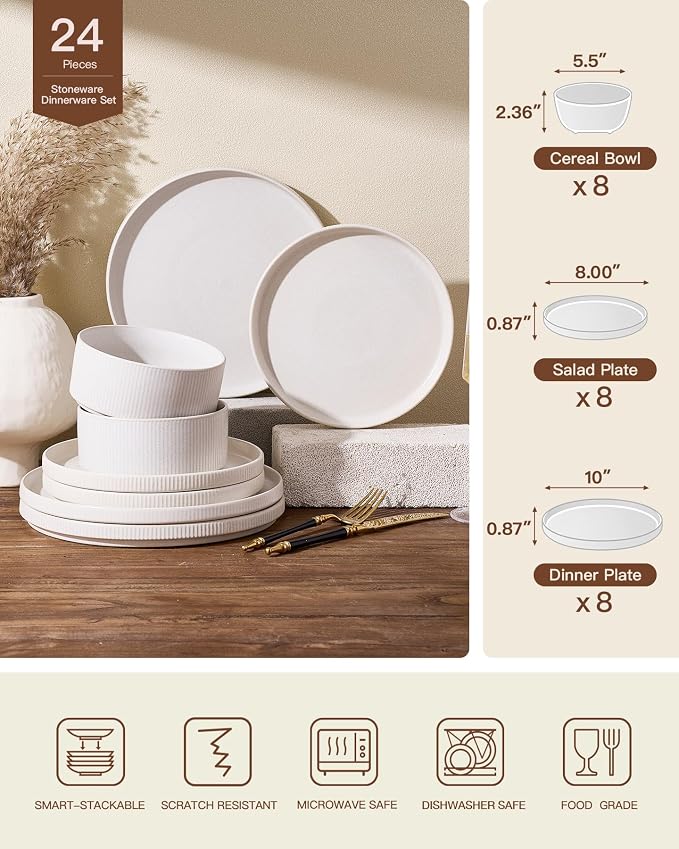 Ceramic Plates & Bowls Sets for 6, Handmade Reactive Glaze | Matte White - Image 7
