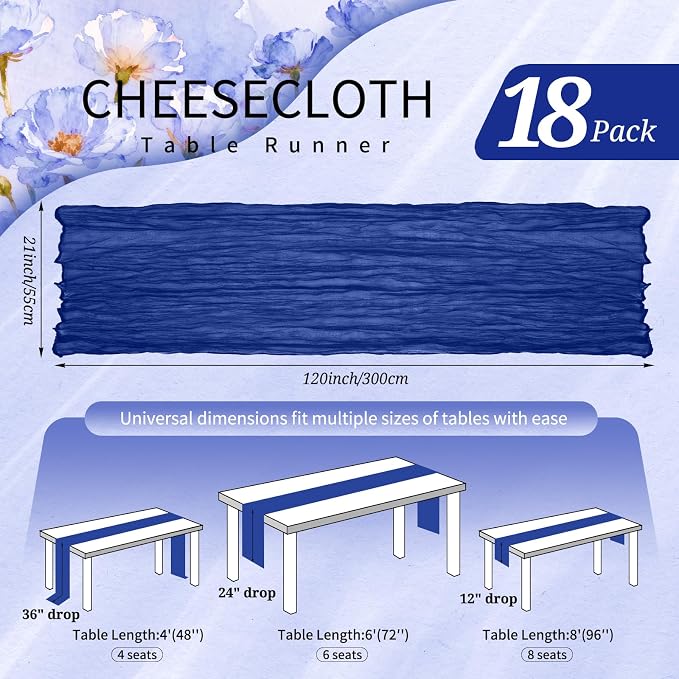 18 Pack Cheesecloth Table Runner 10FT Royal Blue Table Runner Boho Gauze Cheese - Image 2