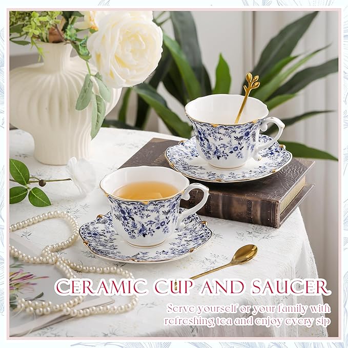 TATSUMI Country Roses Bone China Tea Cup and Saucer Set, 3 Pieces, Vintage Style - Image 3