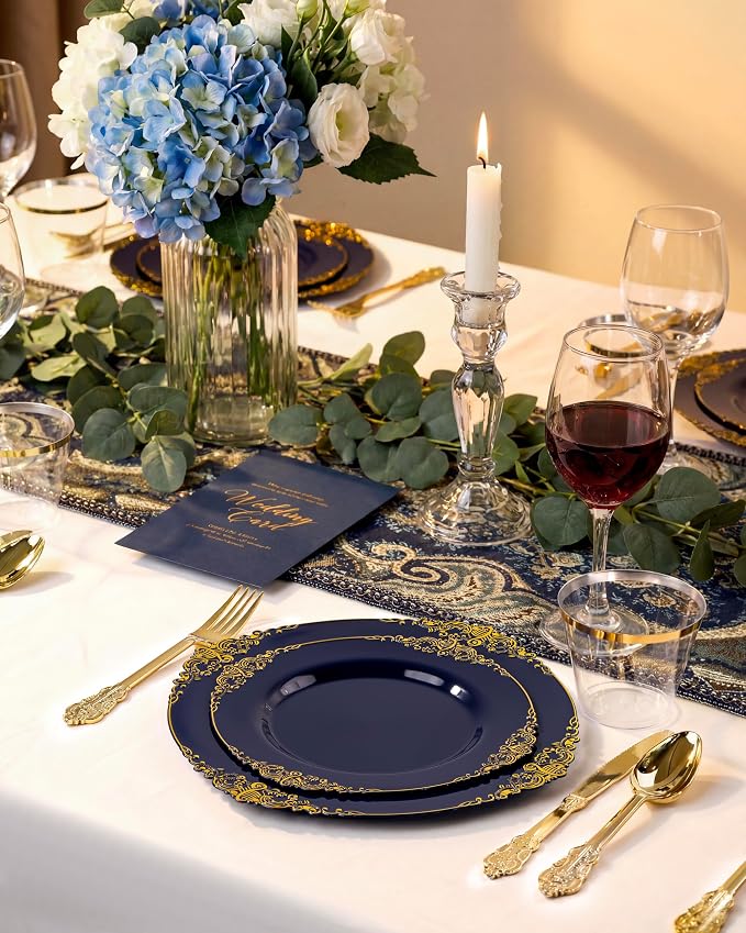 Nervure 350Pcs Blue Plastic Plates, Disposable Dinnerware Set - Image 5