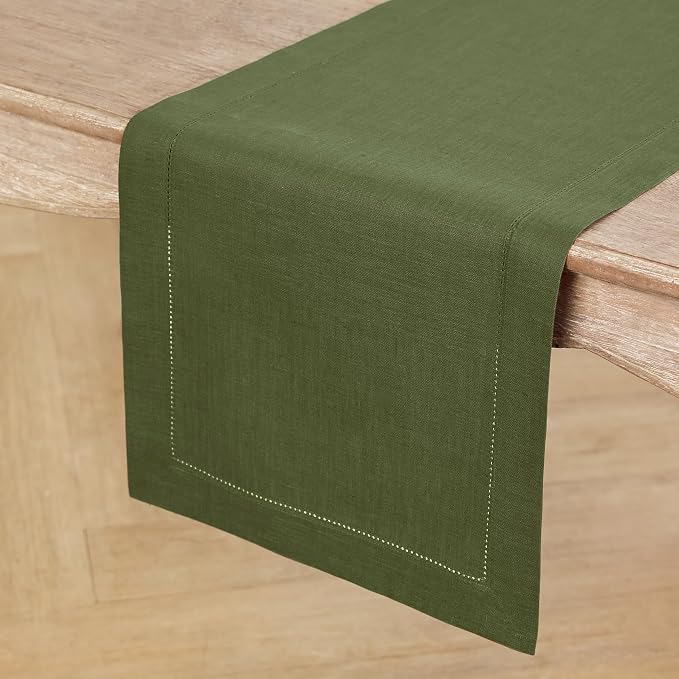 Solino Home 100% Pure Linen Dining Table Runner Olive Hemstitch, 14 x 90 in | - Image 2