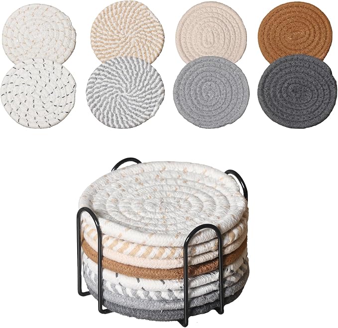 Drink Coasters Set of 8 with Holder, Cotton Woven | Absorbent cotton woven by Unknown