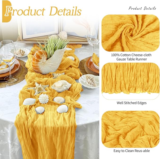 3 Pack Gold Cheesecloth Table Runner 17x108 Inch Semi Sheer Boho Gauze Cheese - Image 3