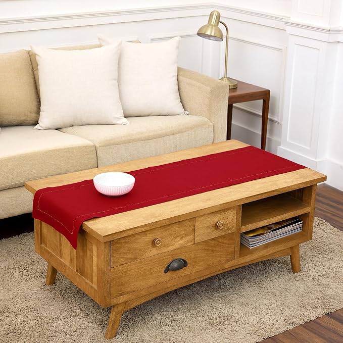 Solino Home 100% Pure Linen Table Runner Red, Classic Hemstitch 14 x 48 in | by SolinoHome