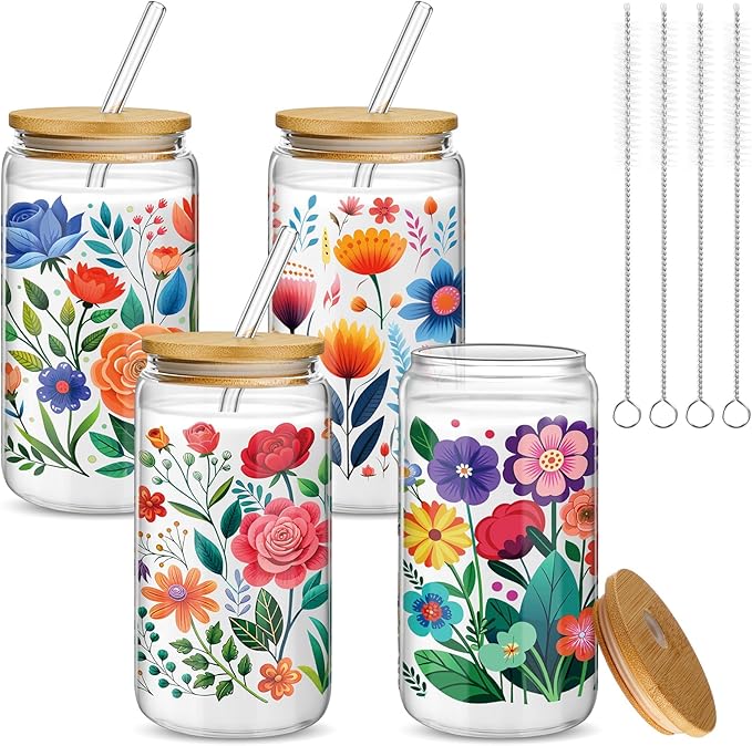 Mumufy 4 Pack Wildflower Glass Cups Gift Aesthetic Cute Glass Cup Tumbler by Mumufy