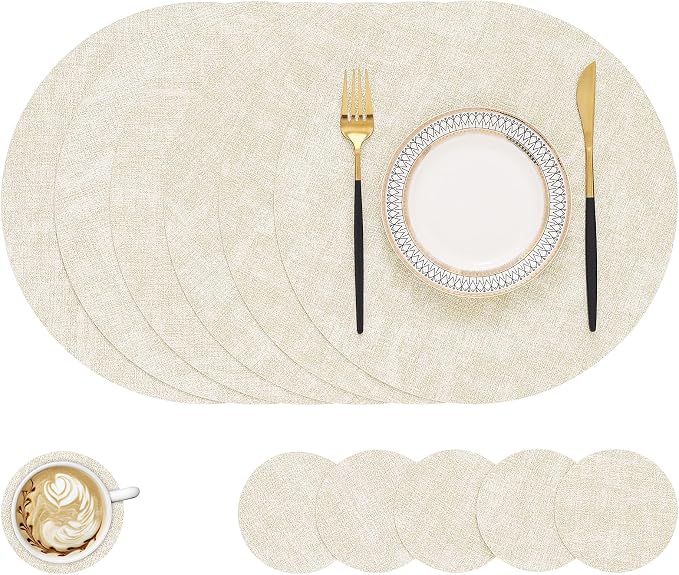 Round Faux Leather Placemat and Coaster 6 Packs, Washable Heat Resistant Dining by homing