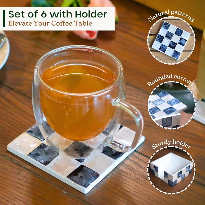 4" Capiz Checkered Square Coasters Set 6 - Image 4