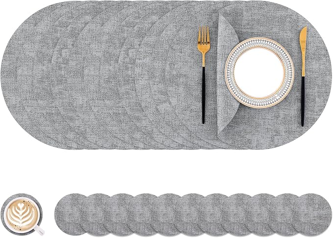 Homaxy Round Faux Leather Placemats and Coasters, Light Grey | Washable by Homaxy